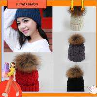 SURRIP แฟชั่น Pom Bobble หมวกถักขนสัตว์หมวกถักแรคคูนหมวกขนสัตว์สกีอุ่นน่ารัก