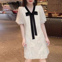 Womens Clothing Lace Bow Chic Elegant Party Dresses 2023 Y2K Summer Trendy Female V Neck Short Sleeve Loose Midi Dress Vestidos