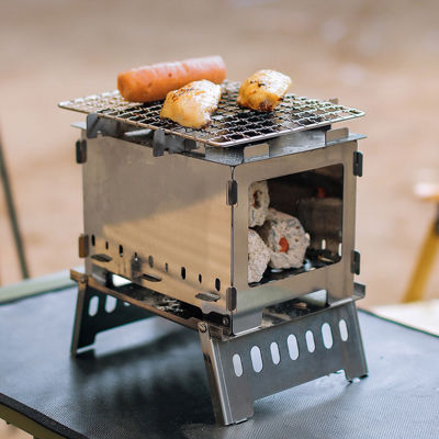 เครื่องครัวปิกนิกถอดได้แบบพกพาเตาฟืนสแตนเลสบาร์บีคิวเตาไม้พับได้กลางแจ้งทนความร้อนแบบถอดได้