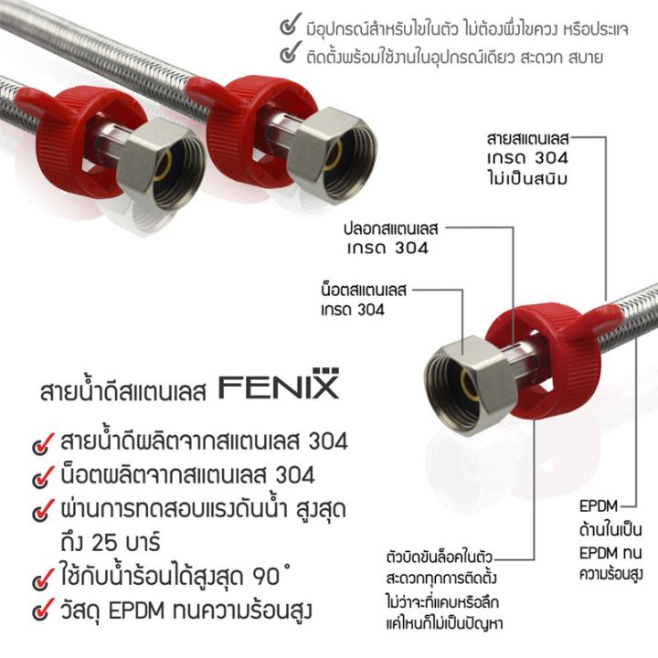 fenix-สายน้ำดีถักสแตนเลส-304-พร้อมที่ขันน็อตในตัวไม่ต้องพึ่งประแจ-หรือไขควง