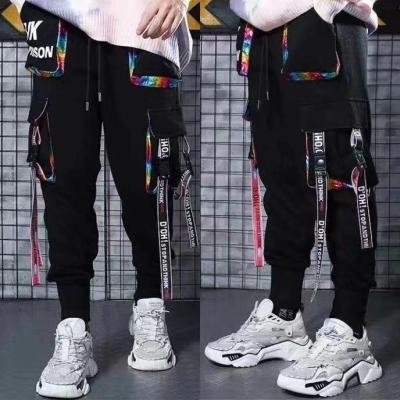Classic Streetwear Hip Hop Joggers Men Letter Ribbons Cargo Pants Pockets Track Tactical Casual Male Trousers Sweatpant KZ98