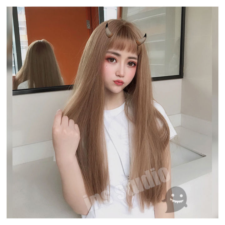 วิกผมราคาถูก-ไหมคุณภาพดี-วิกผม-caramel-brown-wig-วิกผมหน้าม้า-ผมปลอม