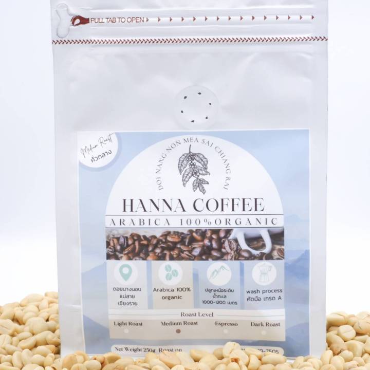 เมล็ดกาแฟคั่วกลาง-ดอยนางนอน-เชียงราย-arabica-เกรด-a-peaberry-250g-hanna-coffee