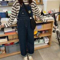 COD Milk Rabbit-Homemade Small Retro Dark Blue Denim Bib Pants Womens Loose Straight Slender Pants Japanese Planet