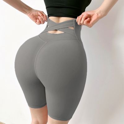 [COD] Five-point fitness mid-pants womens cross-waist elastic quick-drying belly tight sports high-waisted peach yoga