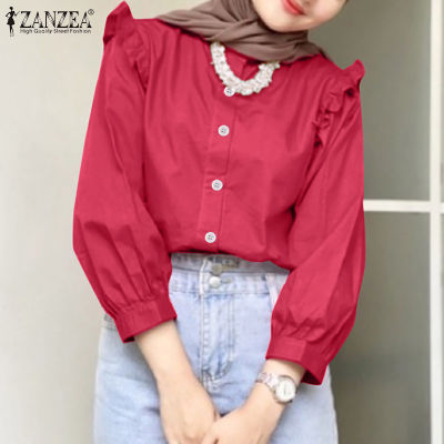 (สินค้ามาใหม่)(จัดส่งฟรี)Fancystyle ZANZEA เสื้อผู้หญิงมุสลิมแขนพองหรูหรา,เสื้อหลวมวันหยุดเสื้อคอโอ