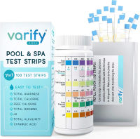 VARIFY Premium Pool and Spa Test Strips - 100 ct - 7 Way Accurate Testing Strip for Pool + Hot Tub | Chlorine Bromine Alkalinity pH Hardness &amp; Cyanuric Acid | Water Quality Testing Kit for Water Maintenance