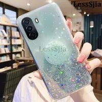 เคสมือถือสำหรับ Huawei Nova Y70 Y71 ฝาหลัง แสงแวววาวดาวนุ่มเลื่อมดวงจันทร์ขาตั้งพับได้ซิลิโคนใสกันการตกสำหรับ Huawei Nova Y71เคสใส่โทรศัพท์