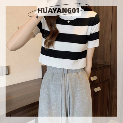 HUAYANG01 [2023 new HOT FASHION] lazlook ฤดูร้อนวินเทจลายแขนสั้นถักเสื้อยืดผู้หญิงรอบคอ Slim Crop TOP