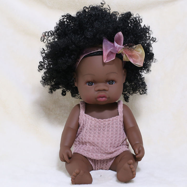 35cm African Reborn Baby Doll Long Curl Hair Baby Doll Summer Waterproof Full Silicone Black Reborn Bebe Toys Doll Gift for Kids