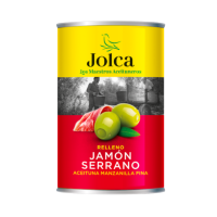 จอลก้า มะกอกเขียวยัดไส้แฮม 300 กรัม จากสเปน - Manzanilla Olives stuffed with Serano Ham 300g Jolca brand from Spain