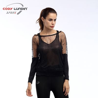 [COD] Korean version of yoga fashion hollow embroidered mesh long-sleeved T-shirt feminine perspective off-the-shoulder one-word collar fitness clothes