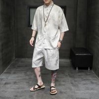 【hot seller】 Chinese style mens Tang suit ice silk summer thin short-sleeved dragon retro casual two-piece set