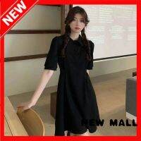 NEW MALL Polo Collar Dress Korean Style Waist Slim Puff Sleeve Dress