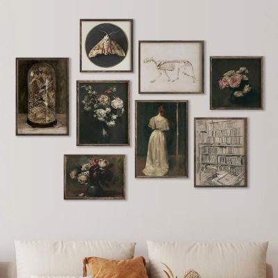 ❅∏ Moody Victorian ภาพวาดพิมพ์ Vintage Dark Academia Aesthetic Decor ดอกไม้โปสเตอร์ Skeleton ภาพวาดผ้าใบ Gallery Wall Decor