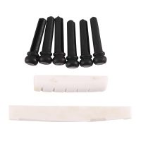 6 String Acoustic Guitar Bone Bridge Saddle and Nut and 6pcs Ebony Guitar Bridge Pins White+Black