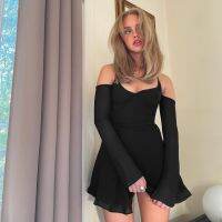 ZZOOI Elegant Party Black Solid Gauze Dresses Women Long Sleeve Off the Shoulder 2023 Suitable  Clothing Cocktail Evening Party Club