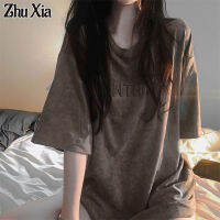 Zhu Xia เสื้อยืดแขนสั้นแบบย้อนยุค  เสื้อครึ่งแขนโอเวอร์ไซส์