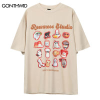 Harajuku T เสื้อผู้ชาย Hip Hop แมวตลกกราฟิกพิมพ์หลวม Tshirt 2023ผู้ชายแฟชั่นสำหรับผู้หญิงสบายๆผ้าฝ้ายหลวมเสื้อเสื้อ