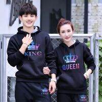 [Qinqin clothing]แฟชั่นคู่คลุมด้วยผ้าชุดกีฬาพระมหากษัตริย์พระราชินีพิมพ์ผู้ชายผู้หญิงเสื้อยืด2ชิ้นชุดกางเกงขายาวฤดูใบไม้ผลิฤดูใบไม้ร่วงคนรักชุด