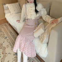 HOUZHOU Kawaii Woolen Pink Plaid Mermaid Skirt Women Autumn Japanese Sweet Elegant High Waist Slim Strap Long Skirts Soft Girl