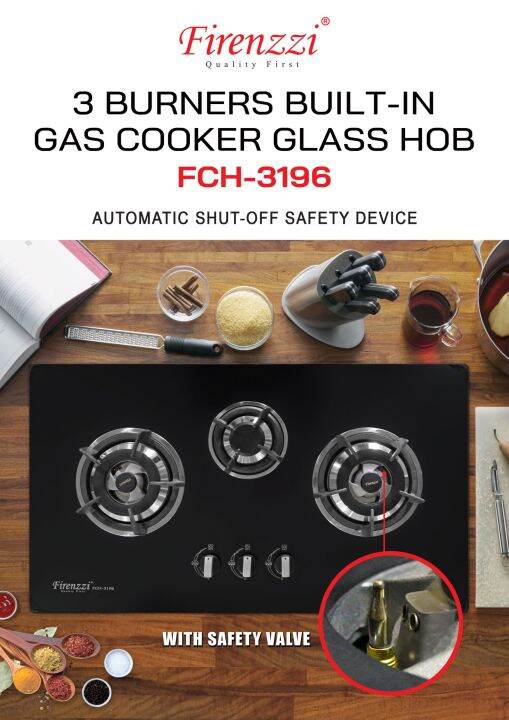 FIRENZZI 3 Burners Safety Device Safety Valve Tempered Glass Built In