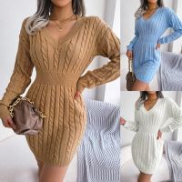 1PC Fashion Twist Knit Sweater Dress for Women Autumn Dresses New Winter V-neck Full Sleeve Waist Pack Hip Mini Dress