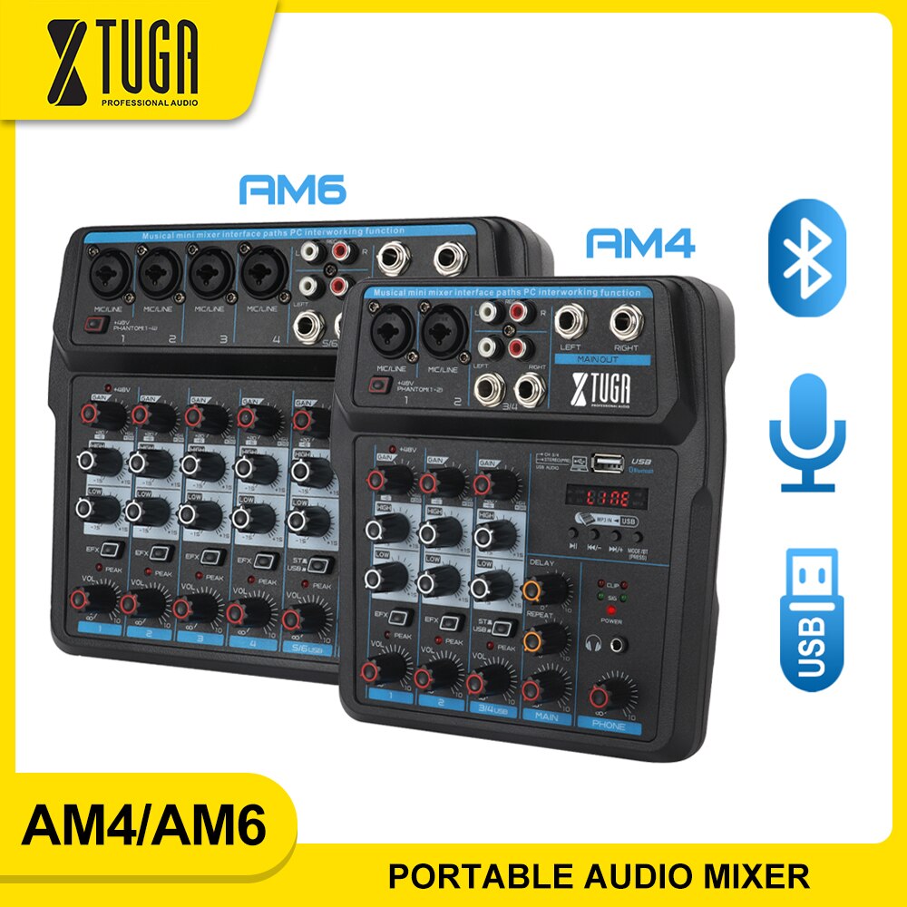 Good quality Clean sound!! 6 Channels Mixer Digital Audio Mixing Console with 48V Phantom Power USB Slot for Recording Stage 