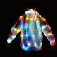 ข้ามกระจก LED เสื้อผ้าเรืองแสงเสื้อโค้ทสีสันสดใสคู่รักแม่ลูกมีฮู้ดเต้นดิสโก้ไนท์คลับปาร์ตี้เสื้อผ้าผู้ชายและผู้หญิง