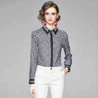 Womens Office Lady Shirt 2021 New Fashion Blouse Eleganr Casual Long Sleeve Geometric Luxury Printed Shirts Simple Style Tops