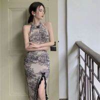 COD Modified Cheongsam Dress Womens Chinese-style Ink Mid-length 2023 Summer Slim-fit Slim-fit Slim Waist Sexy Neck Dress