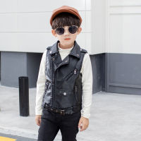 Autumn Kids Boys PU Leather Vest Pure Black Locomotive Leather Jackets for Toddler 2021 Fashion Children Girls Sleeveless Coats