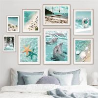 Green Beach Scenery ภาพวาดผ้าใบปลาดาว Dolphin โปสเตอร์ Palm Tree Wall Art สำหรับตกแต่งห้องนั่งเล่นตกแต่งบ้านใหม่0919