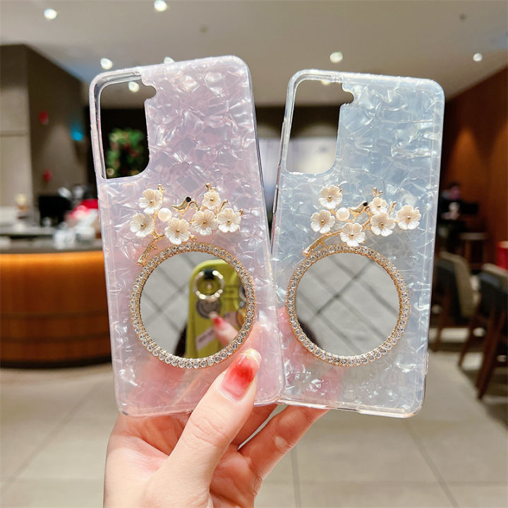 เคสใสกระจกลายดอกไม้ติดเพชรสำหรับ-oppo-reno-10-5g-แฟชั่นเพชรแววเคสโทรศัพท์แบบนิ่มสีชมพูสีขาวน่ารัก-oppo-reno-10-reno-10-pro-reno-10-pro-5g-cover-reno-10pro-plus