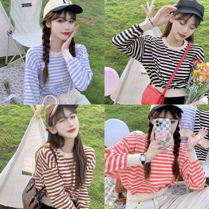 🍉 เสื้อไหมพรมแขนยาว ลายทาง น่ารักสไตล์ เกาหลี (9681) | Lazada.co.th