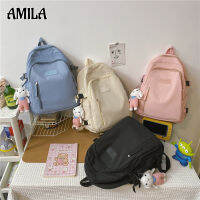 AMILA กระเป๋านักเรียน insสีทึบ กระเป๋าเป้สไตล์เกาหลีรุ่นนักเรียนความจุขนาดใหญ่ กระเป๋าเป้เดินทางสไตล์เรียบง่ายและทันสมัย กระเป๋าเป้ใหญ่