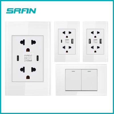 SRAN Dual Thailand Socket with USB Type-C Plug 5V 2.1A White Tempered Glass Panel Double Type C/Usb Charging Thai Outlets