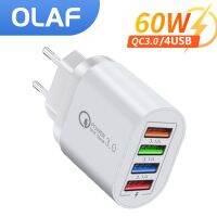 （Grilled cold noodles）  เครื่องชาร์จ USB OLAF 4 Ports QC 3.0อะแดปเตอร์ติดผนัง EU ปลั๊กอังกฤษอเมริกาสำหรับ Iphone 14 13 Samsung การเดินทาง Xiaomi