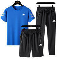 Adidaseˉ เสื้อผ้าฝึกซ้อมแห้งเร็ว3ชิ้นสำหรับผู้ชาย,เสื้อสูทกีฬาไซส์ใหญ่พิเศษสำหรับชุดแทรคสูท L-5XL ฤดูร้อน