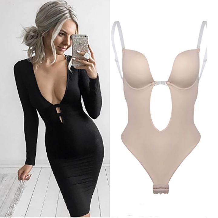 Nico Apparel] Sexy Bodysuit Corset Backless Shapewear Deep V-Neck Body  Shaper U Plunge Thong Waist Trainer Clear Strap Padded Push Up