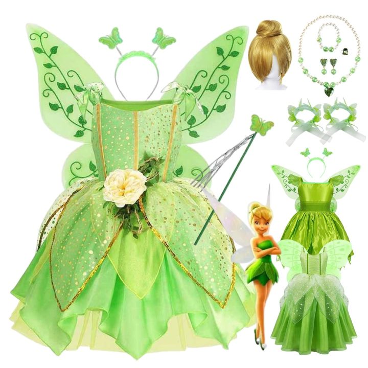 Girls Tinker Bell Costume Kids Green Fairy Princess Tinkerbell Fancy ...