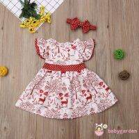 DSB-Christmas Toddler Girl Deer Printed Bows Party Dress with Headband