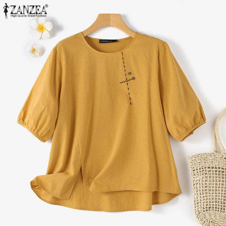 สินค้ามาใหม่-จัดส่งฟรี-fancystyle-zanzea-เสื้อยืดผ่าข้างฝ้ายลินินสำหรับผู้หญิงเสื้อสูงต่ำเย็บลายดอกไม้ย้อนยุค-8