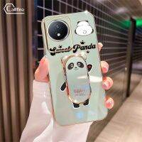 เคสป้องกันโทรศัพท์ตกชุบโลหะด้วยไฟฟ้าเคสสำหรับ Vivo Y02 Y02A Y02T โทรศัพท์กล้องรูที่มีความแม่นยำป้องกันการแคลไฟร์ด้วยตัวยึดหมีแพนด้า Bing Dwen สุดหรู