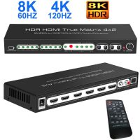 HDMI2.1 8K เมทริกซ์สวิตช์4X2เมทริกซ์เครื่องกระจายสัญญาณ HDMI 4ใน2ออกกับออปติคอล L/R 5.1CH เครื่องสกัด ARC Audio 4K120Hz 3D HDR