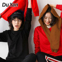 Du YAN เสื้อแจ็คเก็ตคู่รักผู้หญิง,เสื้อสเวตเชิ้ตแขนคอกลมยาวสีทึบบางทรงหลวมมาใหม่