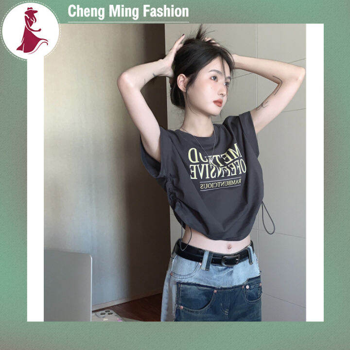 cheng-เสื้อยืดแขนสั้นผู้หญิง-เสื้อครอปทรงหลวมผูกเชือกแฟนซีฉบับภาษาเกาหลีฤดูร้อนสไตล์ใหม่