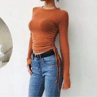 Neploe Stylish Personality Drawstring Pleated Shirts Women O-Neck Solid Color Bottoming Shirt Tops Mujer  Autumn Slim Top