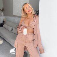 Hiloc Sexy Women Pajama Turn Down Collar Set Woman 3 Pieces Nightgown Trouser Suits Long Sleeve Satin Pajamas With Bra Nightwear