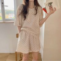 QWEEK Cotton Homewear Women Korean Pajamas Spring Summer  Pyjamas Half Top and Shorts Pijamas Sweet Cherry Print Sleepwear